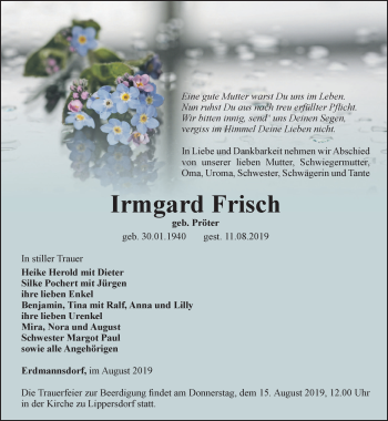 Traueranzeige von Irmgard Frisch von Ostthüringer Zeitung