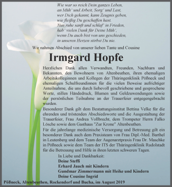 Traueranzeige von Irmgard Hopfe von Ostthüringer Zeitung