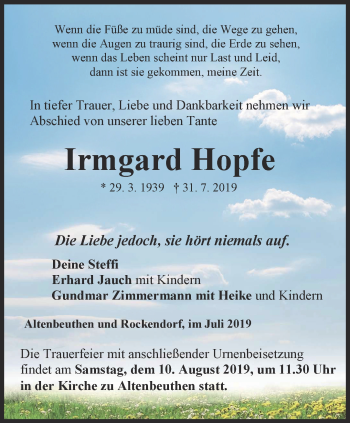 Traueranzeige von Irmgard Hopfe von Ostthüringer Zeitung