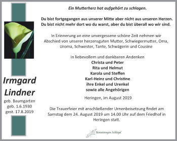 Traueranzeige von Irmgard Lindner von Thüringer Allgemeine