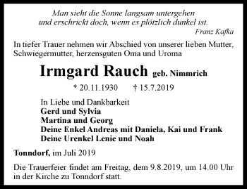 Traueranzeige von Irmgard Rauch von Thüringer Allgemeine, Thüringische Landeszeitung