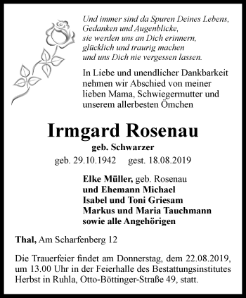 Traueranzeige von Irmgard Rosenau von Thüringer Allgemeine, Thüringische Landeszeitung