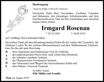 Traueranzeige von Irmgard Rosenau von Thüringer Allgemeine, Thüringische Landeszeitung