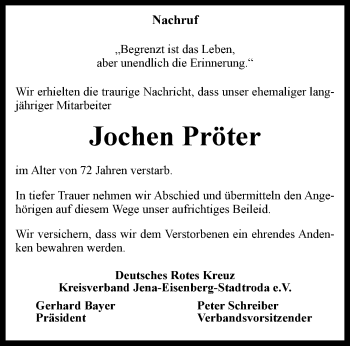 Traueranzeige von Jochen Pröter von Ostthüringer Zeitung, Thüringische Landeszeitung