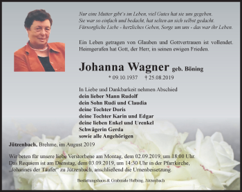 Traueranzeige von Johanna Wagner von Thüringer Allgemeine