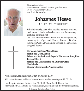 Traueranzeige von Johannes Hesse von Thüringer Allgemeine