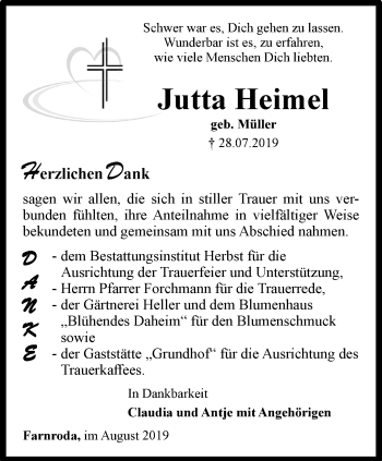 Traueranzeige von Jutta Heimel von Thüringer Allgemeine, Thüringische Landeszeitung