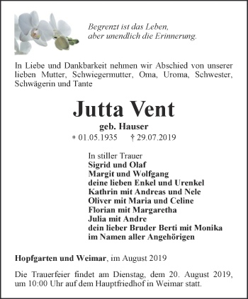 Traueranzeige von Jutta Vent von Thüringer Allgemeine, Thüringische Landeszeitung