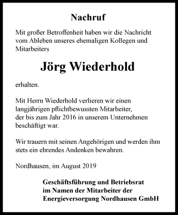 Traueranzeige von Jörg Wiederhold von Thüringer Allgemeine