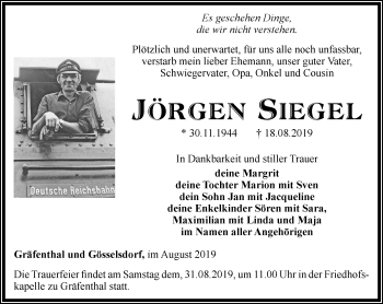 Traueranzeige von Jörgen Siegel von Ostthüringer Zeitung