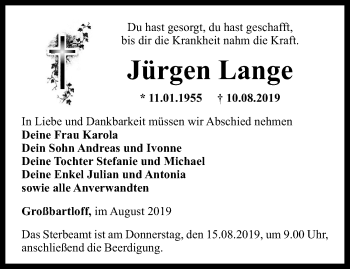 Traueranzeige von Jürgen Lange von Thüringer Allgemeine, Thüringische Landeszeitung