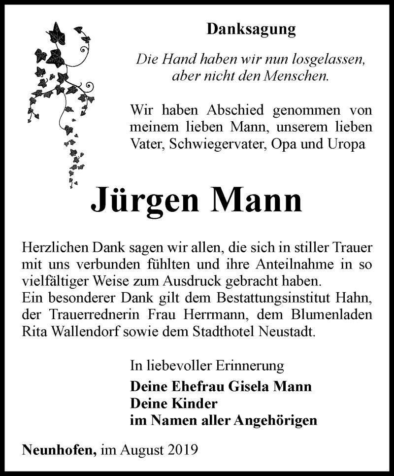  Traueranzeige für Jürgen Mann vom 24.08.2019 aus Ostthüringer Zeitung