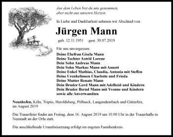 Traueranzeige von Jürgen Mann