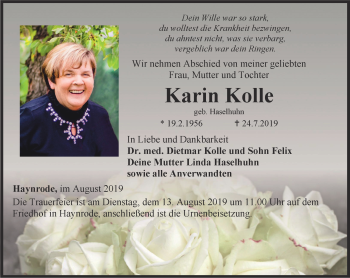 Traueranzeige von Karin Kolle von Thüringer Allgemeine