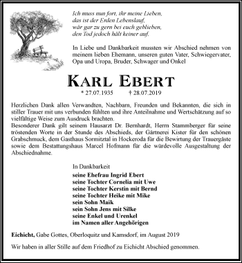 Traueranzeige von Karl Ebert von Ostthüringer Zeitung