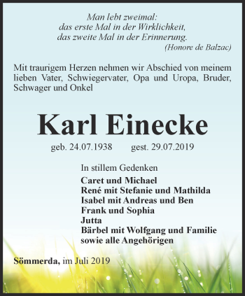 Traueranzeige von Karl Einecke von Thüringer Allgemeine