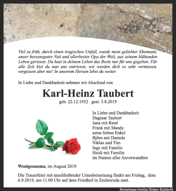 Traueranzeige von Karl-Heinz Taubert von Ostthüringer Zeitung