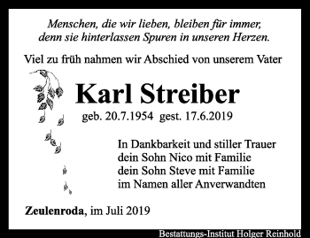 Traueranzeige von Karl Streiber von Ostthüringer Zeitung