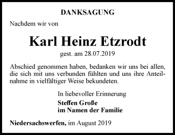 Traueranzeige von Karl Heinz Etzrodt von Thüringer Allgemeine