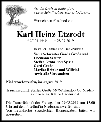 Traueranzeige von Karl Heinz Etzrodt von Thüringer Allgemeine