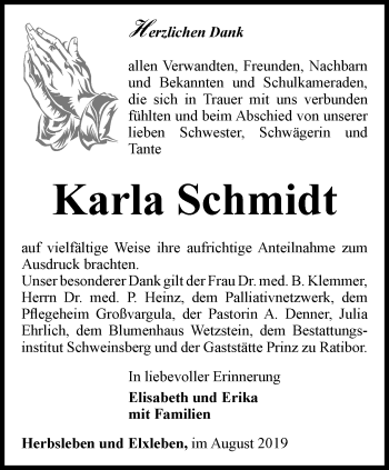 Traueranzeige von Karla Schmidt von Thüringer Allgemeine, Thüringische Landeszeitung