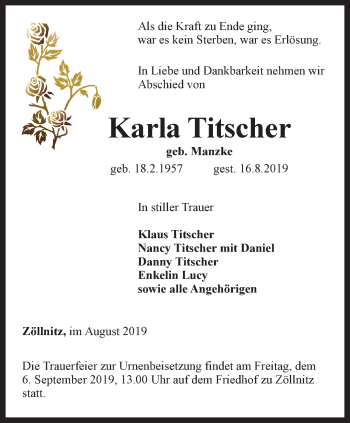 Traueranzeige von Karla Titscher von Ostthüringer Zeitung, Thüringische Landeszeitung