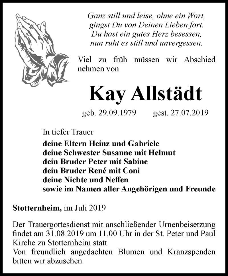  Traueranzeige für Kay Allstädt vom 24.08.2019 aus Thüringer Allgemeine, Thüringische Landeszeitung