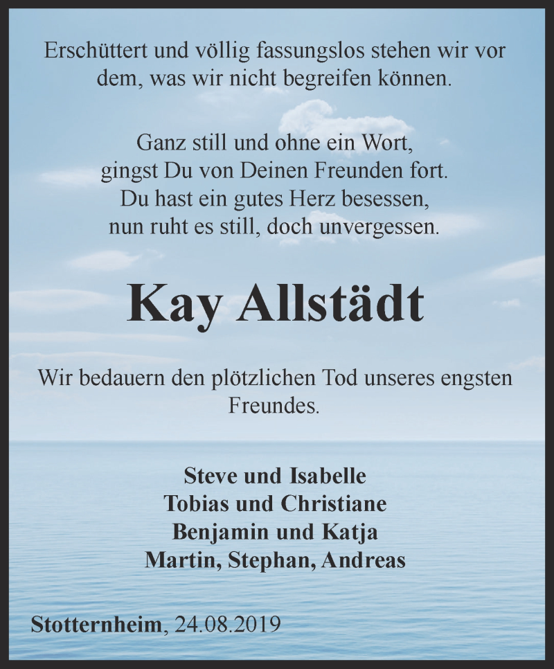  Traueranzeige für Kay Allstädt vom 24.08.2019 aus Thüringer Allgemeine, Thüringische Landeszeitung