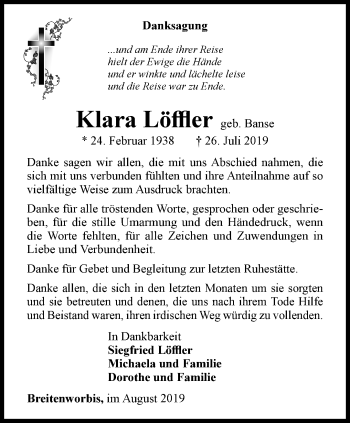 Traueranzeige von Klara Löffler von Thüringer Allgemeine