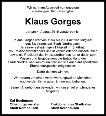 Traueranzeige von Klaus Gorges von Thüringer Allgemeine