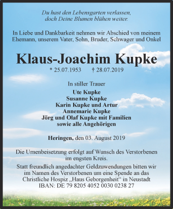 Traueranzeige von Klaus-Joachim Kupke von Thüringer Allgemeine