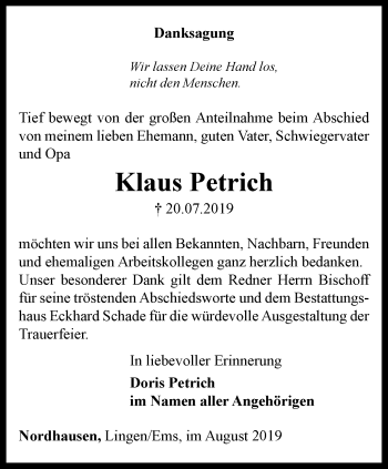 Traueranzeige von Klaus Petrich von Thüringer Allgemeine