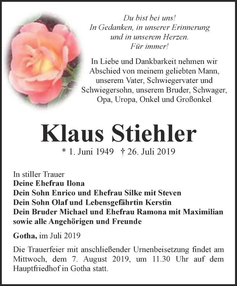  Traueranzeige für Klaus Stiehler vom 02.08.2019 aus Ostthüringer Zeitung, Thüringische Landeszeitung