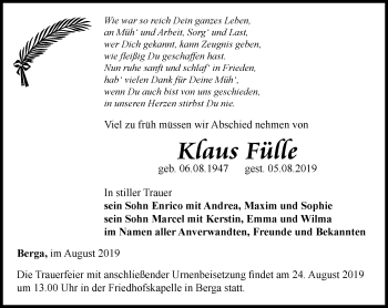 Traueranzeige von Kraus Fülle von Ostthüringer Zeitung