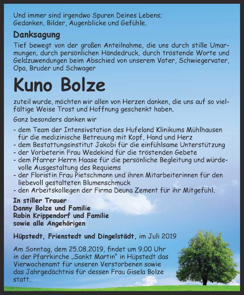  Traueranzeige für Kuno Bolze vom 22.08.2019 aus Thüringer Allgemeine, Thüringische Landeszeitung