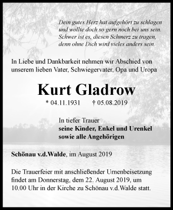 Traueranzeige von Kurt Gladrow von Ostthüringer Zeitung, Thüringische Landeszeitung