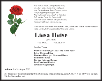 Traueranzeige von Liesa Heise von Thüringer Allgemeine