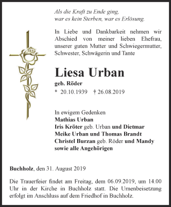 Traueranzeige von Liesa Urban von Thüringer Allgemeine