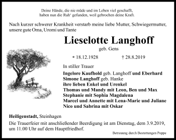 Traueranzeige von Lieselotte Langhoff von Thüringer Allgemeine