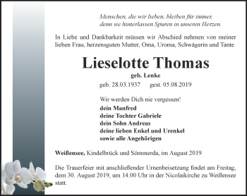 Traueranzeige von Lieselotte Thomas von Thüringer Allgemeine