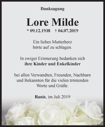 Traueranzeige von Lore Milde von Ostthüringer Zeitung