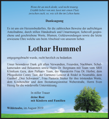 Traueranzeige von Lothar Hummel von Ostthüringer Zeitung