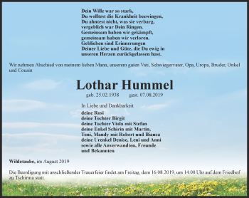 Traueranzeige von Lothar Hummel von Ostthüringer Zeitung