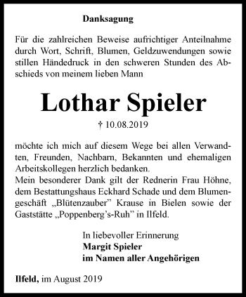 Traueranzeige von Lothar Spieler von Thüringer Allgemeine