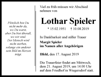 Traueranzeige von Lothar Spieler von Thüringer Allgemeine