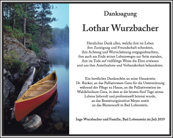 Traueranzeige von Lothar Wurzbacher von Ostthüringer Zeitung