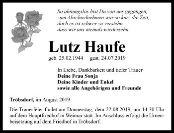 Traueranzeige von Lutz Haufe von Thüringer Allgemeine, Thüringische Landeszeitung