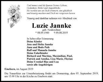 Traueranzeige von Luzie Jannke von Ostthüringer Zeitung