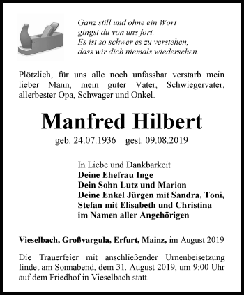 Traueranzeige von Manfred Hilbert von Thüringer Allgemeine, Thüringische Landeszeitung