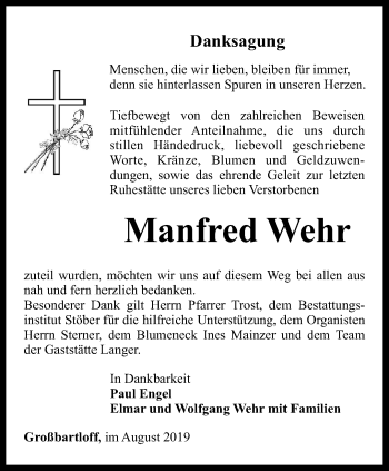 Traueranzeige von Manfred Wehr von Thüringer Allgemeine